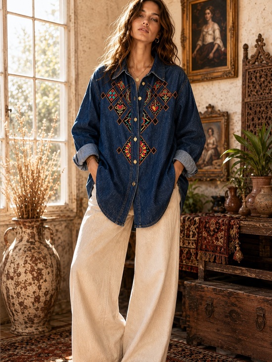 Bob Mackie Tops - Bob Mackie Blue Large Embroidered Denim Shirt 90s Wearable Art Western Boho